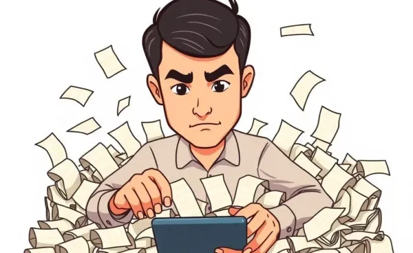 A man surrounded by a mess of receipts and a confused look at a calculator