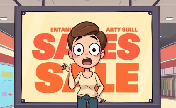 Cartoon woman reacts with wide eyes to a giant sales banner
