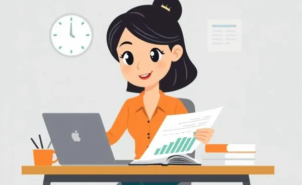 A quirky cartoon character engrossed in a giant budget spreadsheet