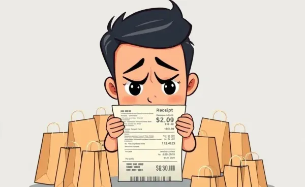 A cartoon character looking surprised at a long receipt with small shopping bags around them.