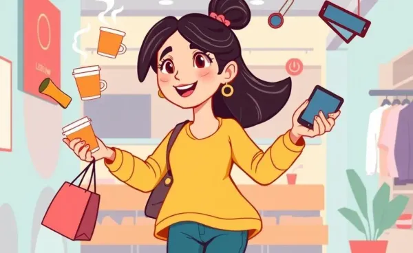 Cartoon of a woman juggling various impulse buys