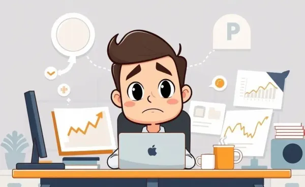 Max overwhelmed by messy stock portfolio charts at his computer