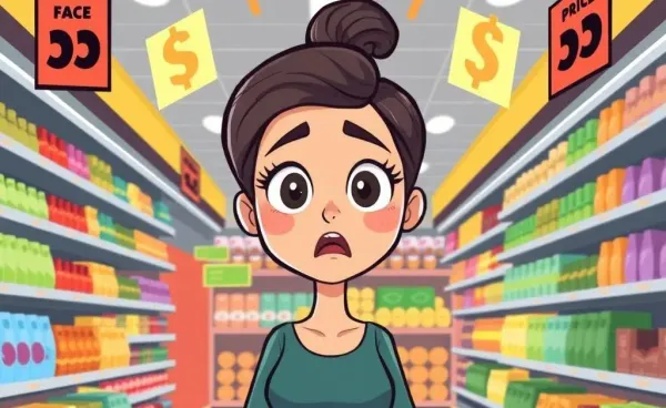 A cartoon woman in a grocery aisle, surprised at the rising prices.