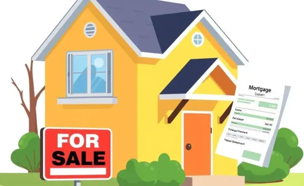A cartoon of a couple staring at a house with a massive 'For Sale' sign looking overwhelmed.