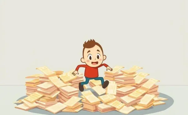 A cartoon character tangled in a web of receipts