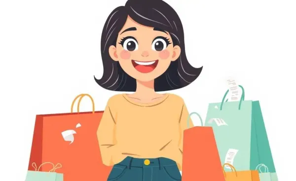 A woman overwhelmed by purchases, suggesting a humorous take on budgeting