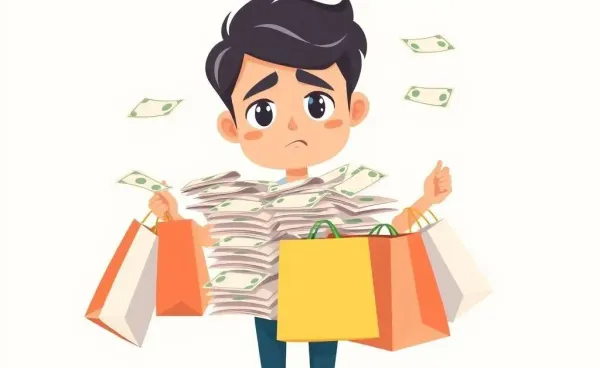 A person juggling bills and shopping bags with a determined look