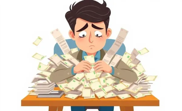 Man looking overwhelmed by a pile of bills on the table