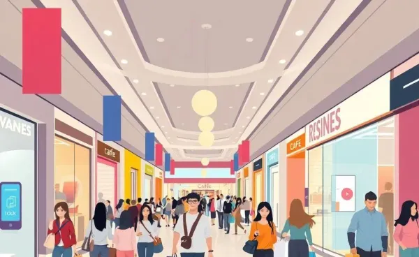 Colorful and vibrant image of a bustling shopping mall