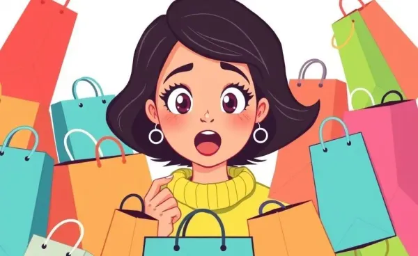 A cartoon woman surprised by the number of shopping bags around her
