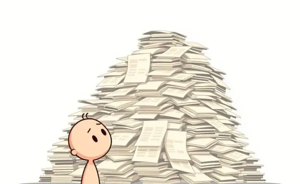 Cartoon character overwhelmed by receipts and invoices.