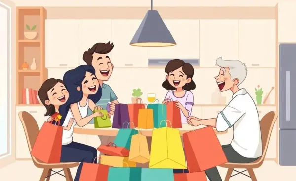 A family sharing a laugh at the kitchen table surrounded by shopping bags