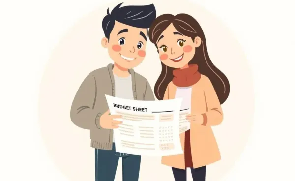 A couple smiling at a budget sheet, unsure but hopeful about the future