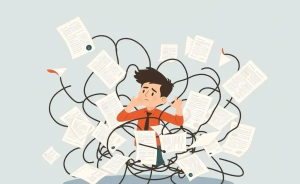 A person tangled in a web of health insurance papers, looking perplexed yet hopeful