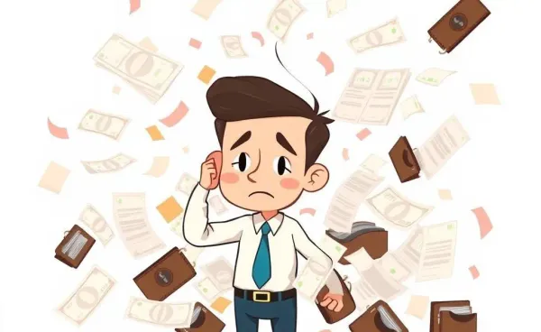 Larry looking confused amidst a heap of bills and empty wallets