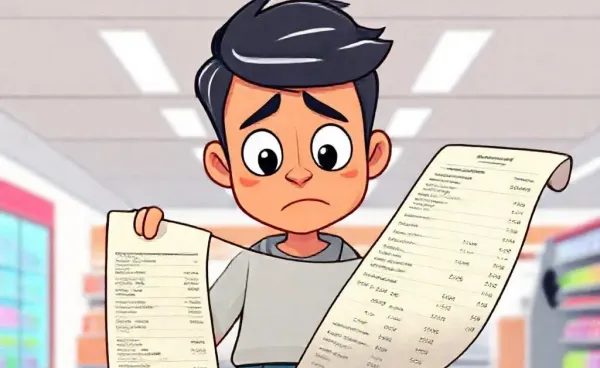 A cartoon person looking perplexedly at a long receipt