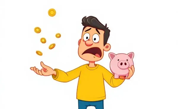 Cartoon of an individual juggling coins and a piggy bank
