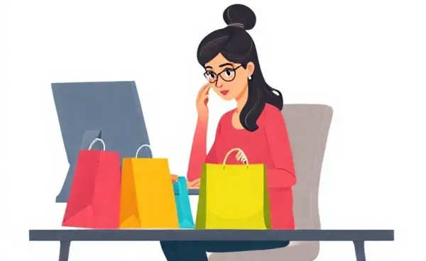 A woman surrounded by online shopping parcels looking perplexed