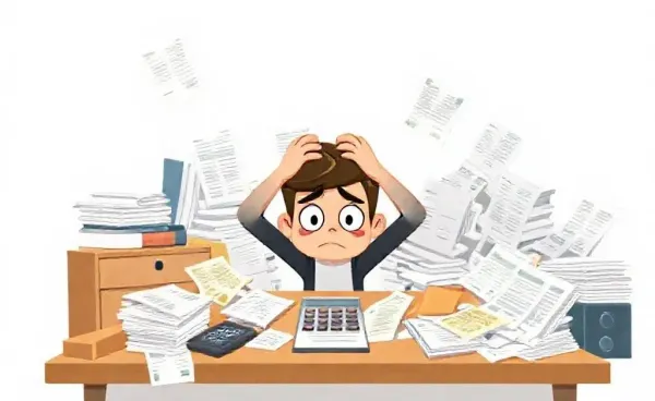 A cluttered desk with bills and a worried character