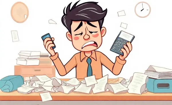 A humorous cartoon of a person tangled in budgeting chaos with a calculator and scattered paper