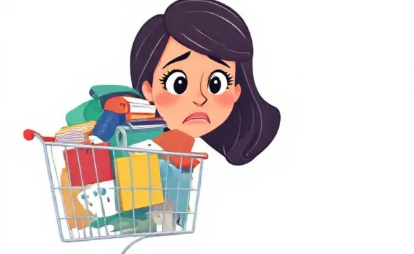 A woman staring at her overflowing online shopping cart