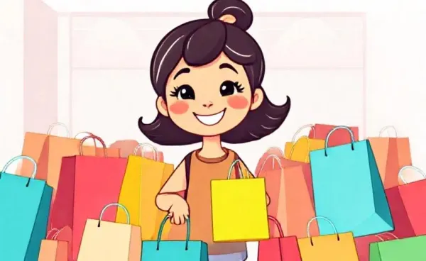 A cartoon girl surrounded by shopping bags looking overwhelmed but determined.