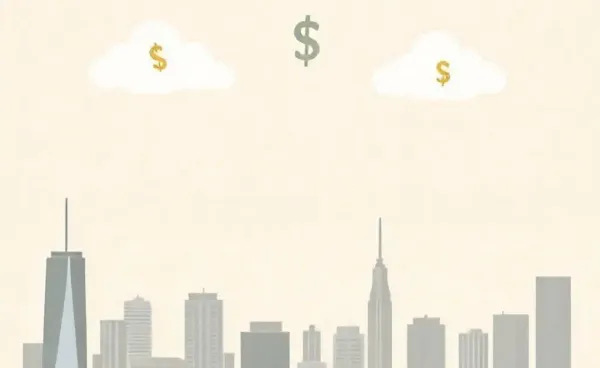 A cartoon cityscape with money symbols in the clouds