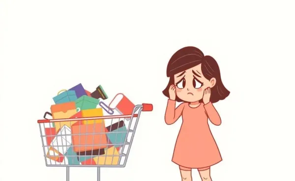 A stressed cartoon woman with an overflowing online shopping cart