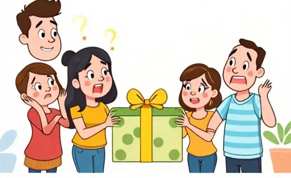 Two friends exchanging a large money gift, looking surprised and awkward.