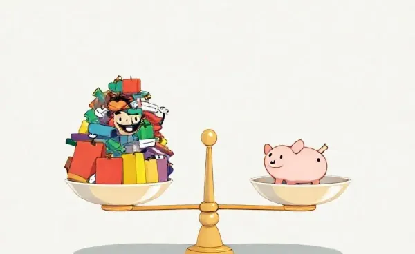 A character trying to balance shopping bags and a piggy bank on scales