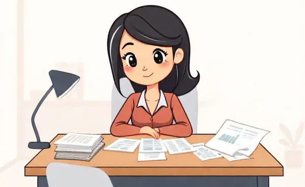 Mia sits thoughtfully at her desk piled with financial notes