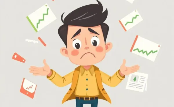 A cartoon person humorously juggling bills and shopping bags while looking confused