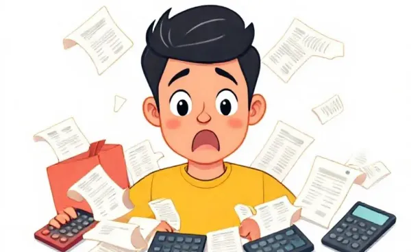 A person surrounded by shopping receipts and calculators looking surprised