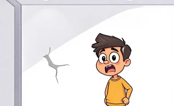 Cartoon character peering at a wall crack