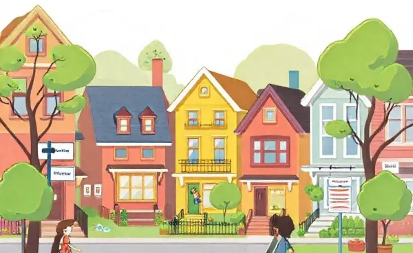 A cartoon scene with exaggerated real estate antics