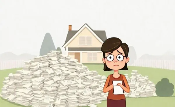 Woman surrounded by bills with a house in the background