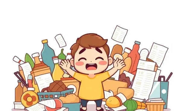 A cartoon character overwhelmed by grocery items and shopping lists.
