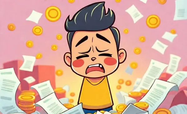 Cartoon character surrounded by receipts and coins