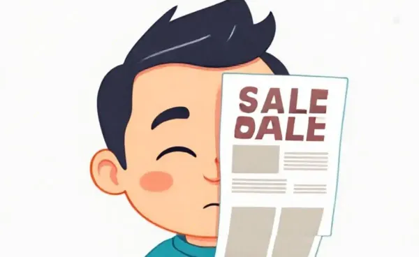 A character cheekily peeking at a sales flyer