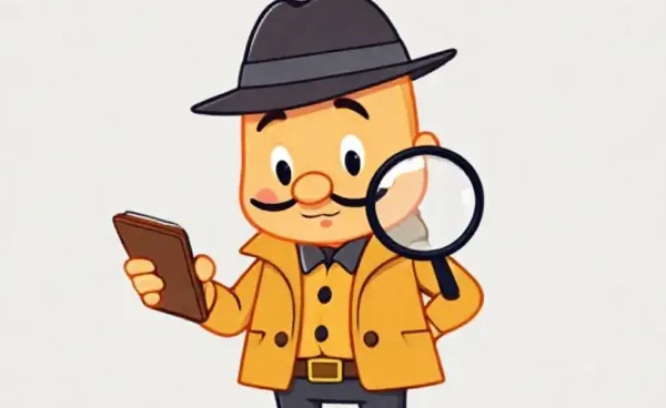 Bob the detective inspecting his wallet closely