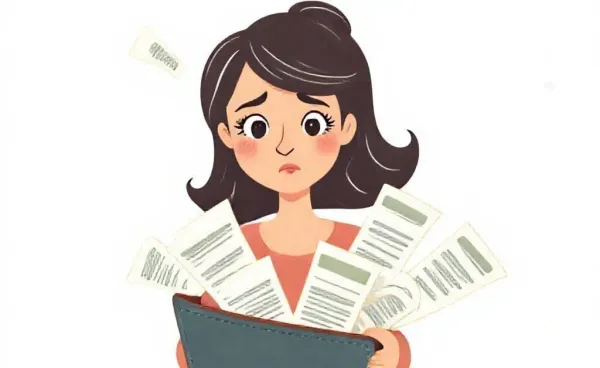 A woman overwhelmed by receipts pouring from her wallet