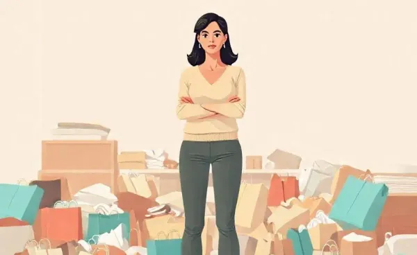 A determined woman standing amidst a mess of shopping bags, poised to tackle her budget.