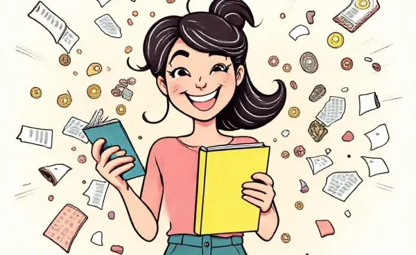 A woman with a budget planner amidst flying expenses.