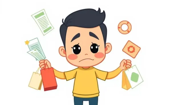 Cartoon character Sam balancing multiple expenses with a worried face