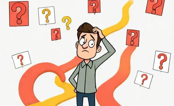 A man bewildered by multiple confusing paths labeled with question marks