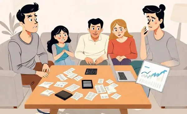 A puzzled family trying to manage their budget amidst a mound of receipts and a calculator