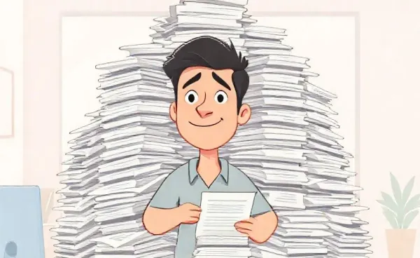 A person surrounded by many health insurance plans, looking both confused and amused.
