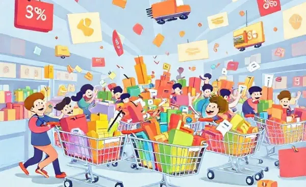 A cartoon of a woman overwhelmed by online shopping on multiple devices