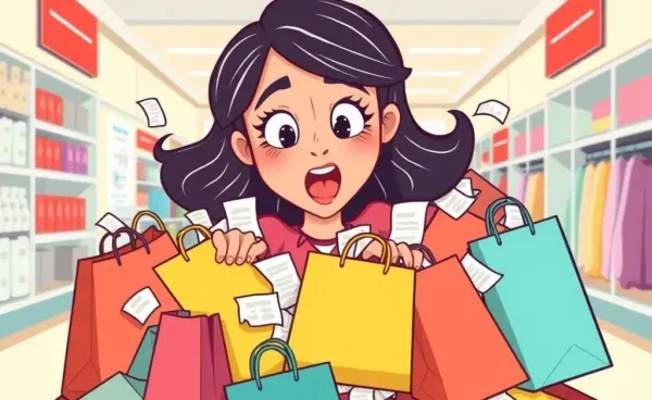 A woman overwhelmed with shopping bags and long receipts