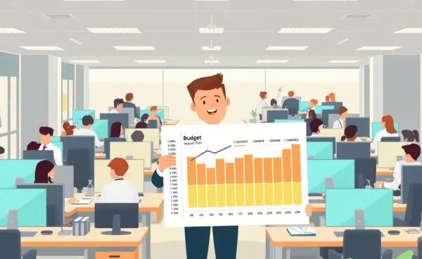 A character holds a hilariously oversized budget plan in a busy office